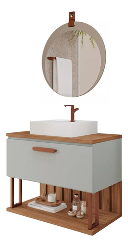 Gabinete Banheiro Com Cuba Duna 80cm Pistache C/ Espelho Lua