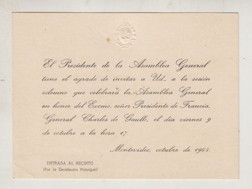 1964 Uruguay Visita De Charles De Gaulle Invitacion Homenaje