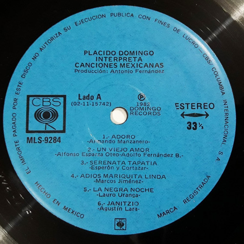 Plácido Domingo - Interpreta Canciones Mexicanas / Lp
