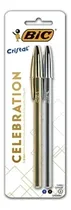 Comprar Bolígrafos lapiceras biromes Bic Cristal Celebration tinta azul y negra punta Media 1mm color del exterior plateado y dorado 2 unidades