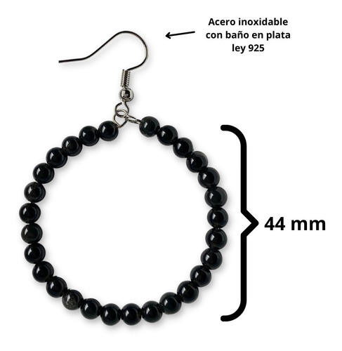 Imagen 2 de 3 de Pendientes Aros De Cuentas De Obsidiana 100% Natural