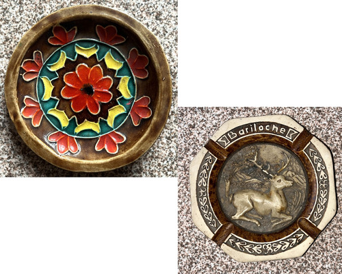 Plato Artesanal De Cerámica Esmaltada Decoración + Cenicero Marrón Flores - Bariloche (Usado)