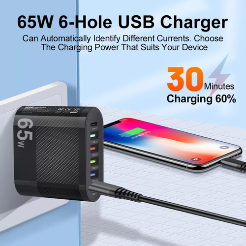 Cargador Usb 65 W Carga Rápida 5 Usb A + 1 Usb C