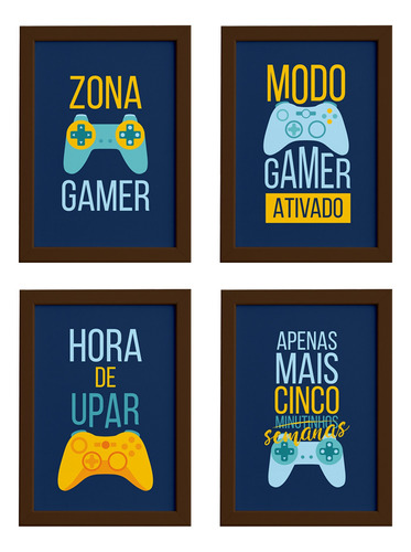 Quadros Gamer Para Quarto Com Frases 4un Marrom 33x43cm