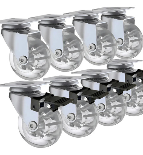 Kit 8 Rodinhas Para Moveis Rodízio Roda 50mm Silicone Reforçada Giratória Com Trava 2 Polegadas Com Placa E Freio Gel