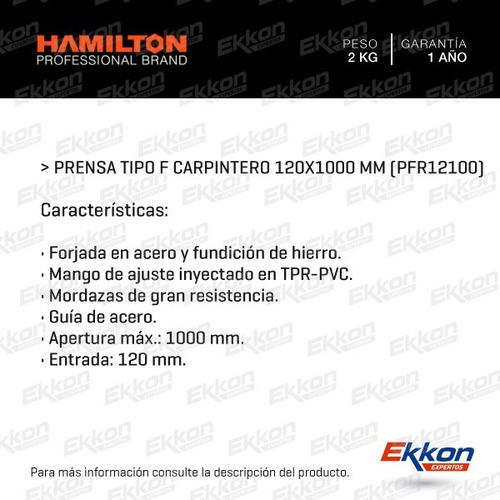 Imagen 2 de 8 de Prensa Sargento Hamilton Tipo F/ Carpintero Apertura 1000 Mm