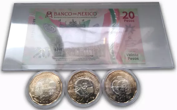 Kit De 1 Billete Conmemorativo De 20 Y 3 Monedas 20 Pesos