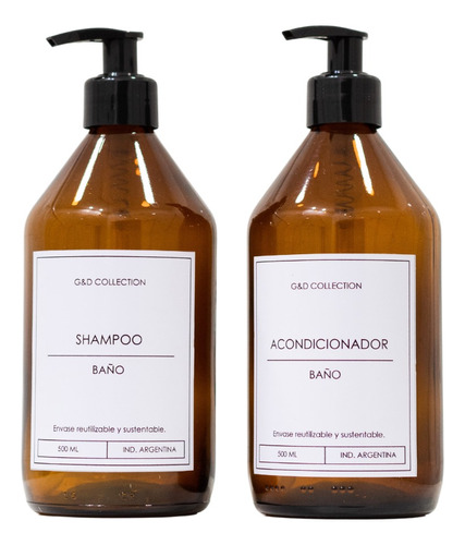 Set Dispenser Vidrio Ambar Shampoo Acondicionador 500ml Baño