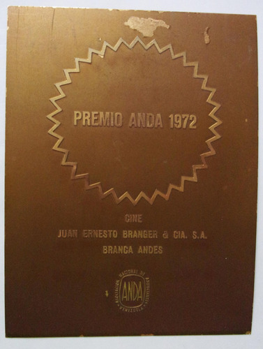 Antigua Placa Bronce Premio Anda 1972 Cine De Colección