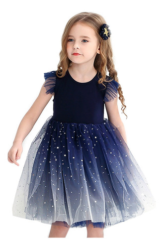 Vestido De Manga Corta Degradado Estrellado Para Niñas