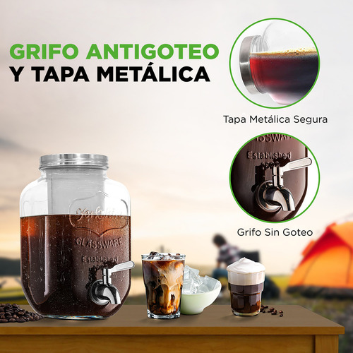 Cafetera para Cold Brew Café Frío de 3.8L NutriChef NCCOFF87 Frasco de Vidrio con Grifo de Acero Inoxidable y Filtro Reutilizable Antigoteo y Fácil de Limpiar