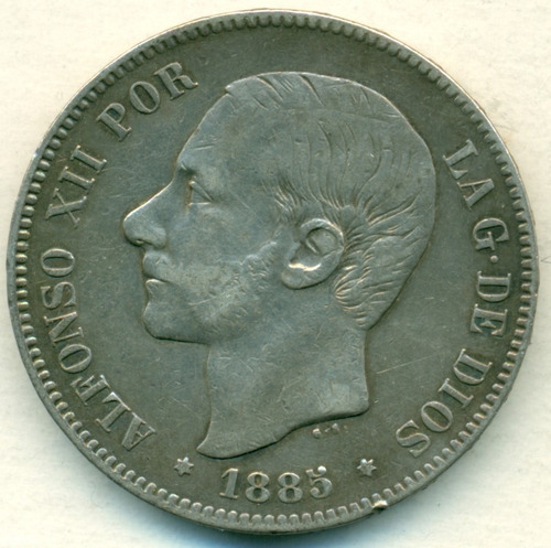 España Moneda De Plata 900 25 Gramos 5 Pesetas 1885 Mp M Mb+