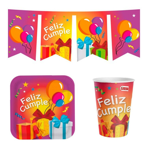 Combo Feliz Cumpleaños Fiesta Plato Vaso Guirnalda - Cc