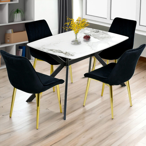 Mesa Comedor 4 Pers Marmol Granito Lujo Premium 120x80x74 Tapa Blanco Patas Negro