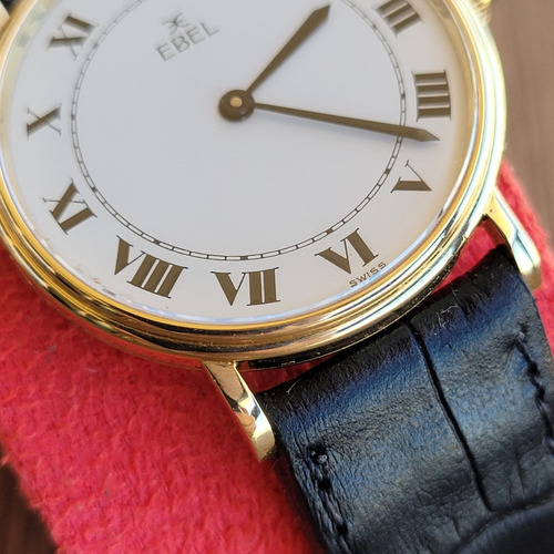 Relógio Vintage Ebel Suíço Ouro18kt Corda Manual Único No Br Correia Preto Bisel Ouro 18k Fundo Branco