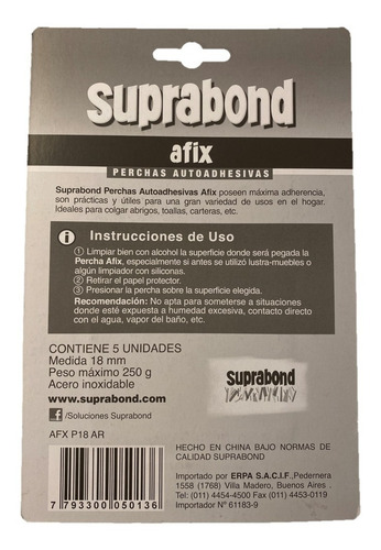Imagen 2 de 8 de Perchas Autoadhesivas Suprabond Acero Inoxidable - 250g