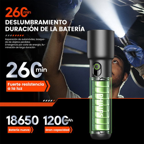 Philips Linterna Tactica Linternas Potentes Led Recargable Impermeable 110lm 3w Negro Sfl-1235