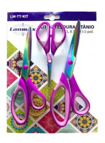 Kit Tesouras Titânio Corte Costura Artesanato 3 Unidades Lâminas Titânio Métodos Corte Reto Patchwork Multiuso HAIR TRIMMER