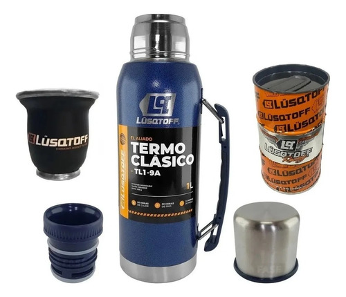 Termo Lusqtoff 1l Acero Inoxidable Azul + Mate + Yerbera