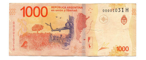 Billete De Argentina 1000 Pesos Numero Bajo 00001031 H Exc !