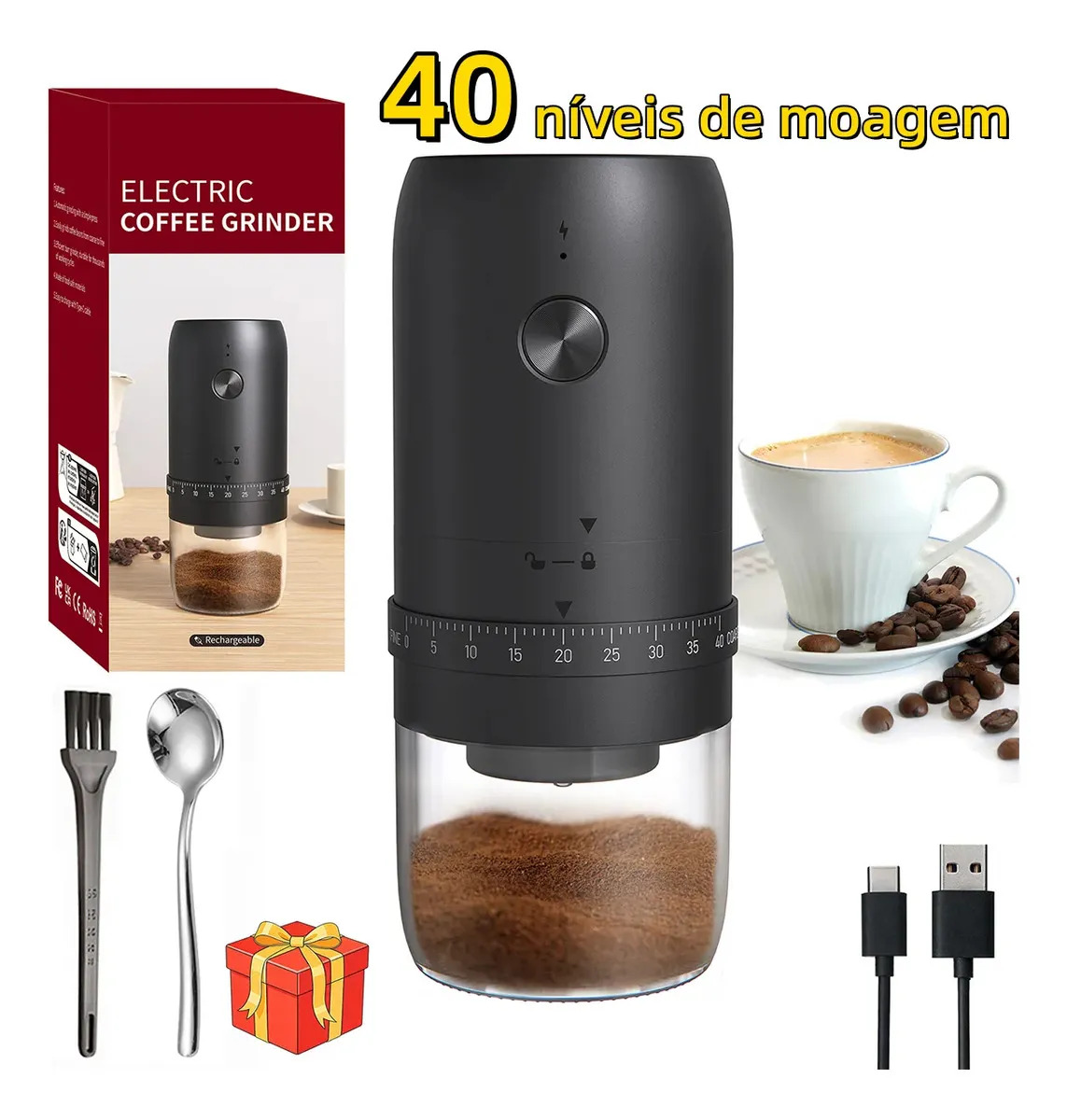 Moedor Café Triturador Elétrico De Grãos + Colher 40 Velocidades 1800mah Portátil Kit Café Gourmet Barista Moedor 127/220v Profissional Moedor De Grãos De Café Elétrico Moedor Café