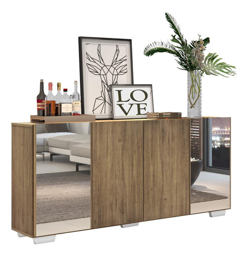 Aparador Buffet 4 Portas Com Espelho Vegas Multimóveis V3563 Cor Rustic/branco