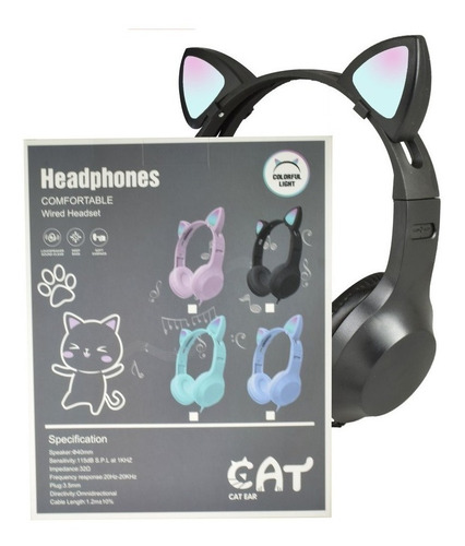 Imagen 4 de 4 de Audifonos Diadema 3.5mm Cat Orejas De Gato Luz Led Ear Bk-48