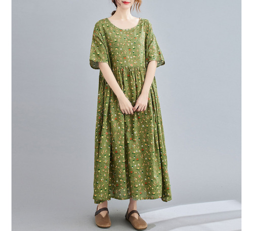 Vestido De Algodón Y Lino For Mujer, Verde Oliva, Talla Úni