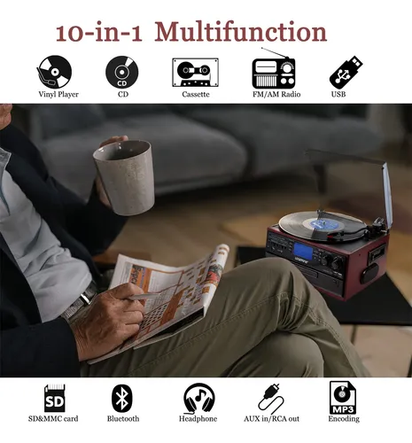 Tocadiscos Bluetooth 10 En 1 Reproductor Vintage Y Radio