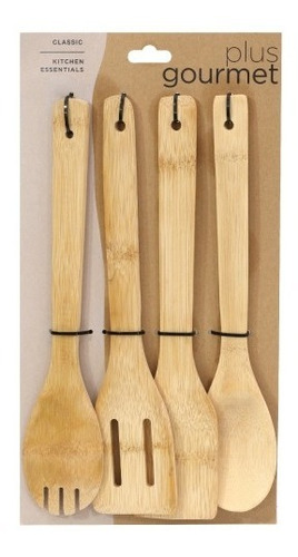 Set X4 Utensillos Madera Bambu Cuchara Espatula Cocina