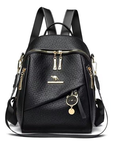 Mochila Mujer Eco Cuero Urbana Bolso Dama Antirrobo Negro Negro Liso