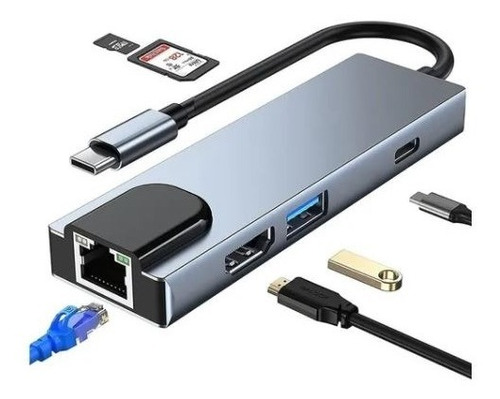 Hub Tipo C 6 En 1 Adaptador Con Puerto Ethernet Hdmi Sd Tf