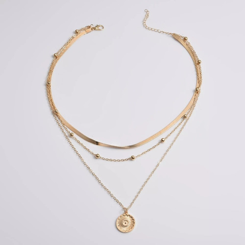 Imagen 2 de 4 de Collar Multicapa Dorado Dije Mandala Cadena Plana Y Bolitas