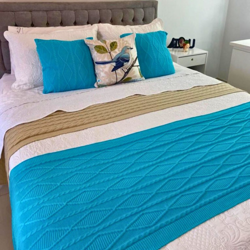 Peseira Manta Decoração Sala Cama Queen Sofá 230cm X 60cm Cor Azul-turquesa Desenho Shima