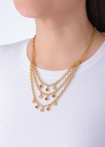 Collar Triple Cadena Dorada Con Cristales Colores Colgantes