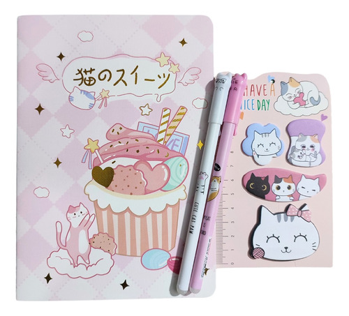 Set Libreta Gatos Gatitos + Lápices + Notas Post It Kawaii