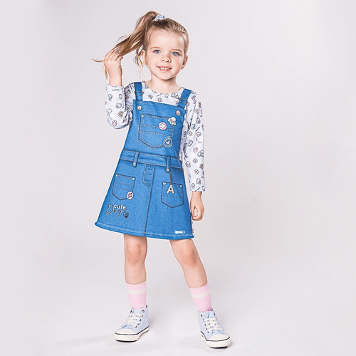 Vestido Infantil Abrange Estampa Jardineira Cinza