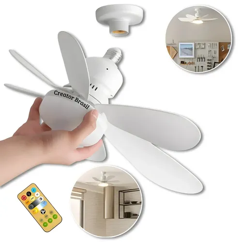 Lâmpada Ventilador De Teto E27 6 Hélices Controle Remoto Luz Bran...