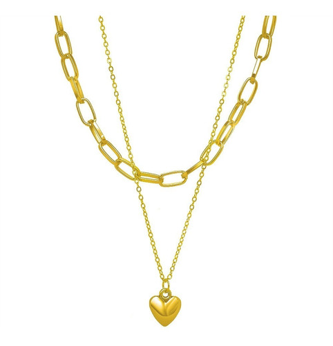 Collar Mujer Cadena Doble Gruesa Corazón Dorado 