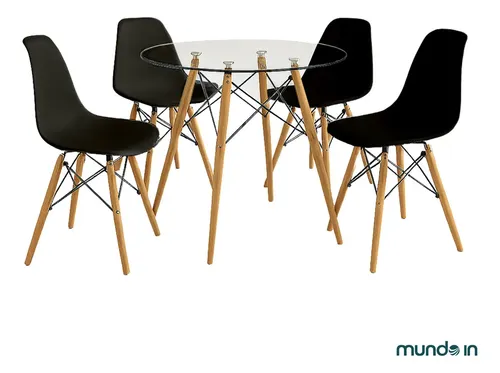 Set Comedor Mundo In Cristal 4 Sillas Eames Redondo 80cm Color Negro Diseño De La Tela De Las Sillas Liso