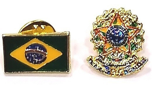 Imagem 1 de 5 de Kit 2 Bótons Pins C/ A Bandeira Do Brasil + Brasão Da República Folheados Ouro
