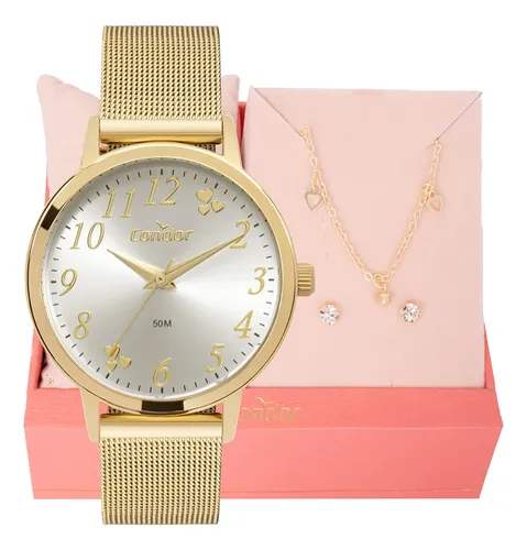 Kit Relógio Feminino Condor Dourado Barato + Colar e Brincos Dourado Como Nas Fotos — R$ 173,79 em Mercado Livre, 43% OFF