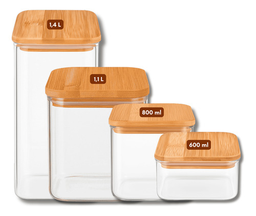 Kit 4 Potes De Vidro Hermético Tampa De Bambu Mantimentos