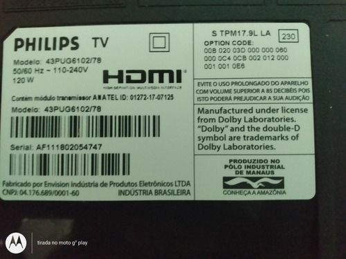 Tv Led Smart Philips 43.pol. 43pug6102/78 Tela Quebrada..