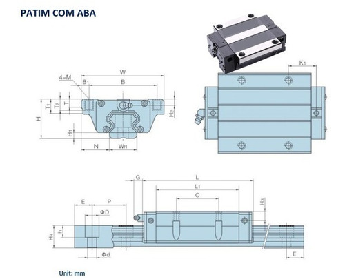 1 Guia Linear 20mm X 3000mm + 2 Patim Com Aba De 20mm