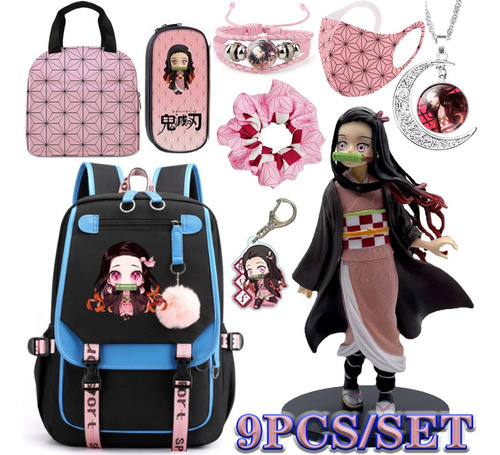 9 Unids/set Demon Slayer Nezuko Mochilas+collar+corbata Para