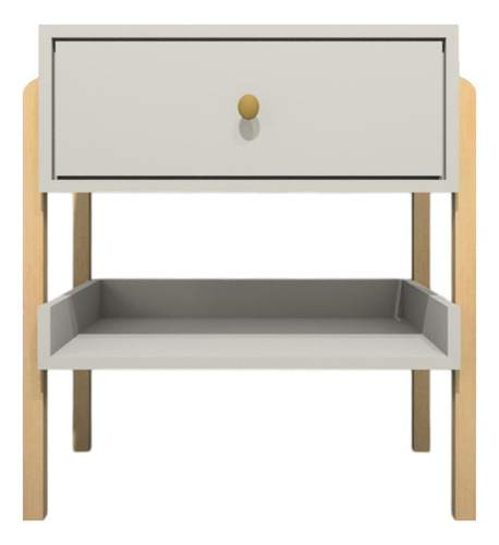 Mesa De Cabeceira Em Mdf Pés em Madeira Natural Com 1 Gaveta E Prateleira Acabamento Fosco Cor Off White