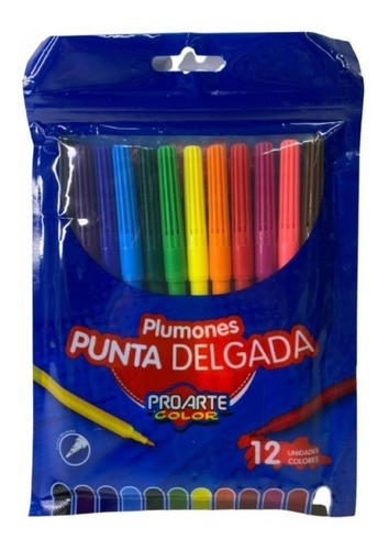 Imagen 1 de 1 de Plumones Punta Delgada 12 Colores Proarte