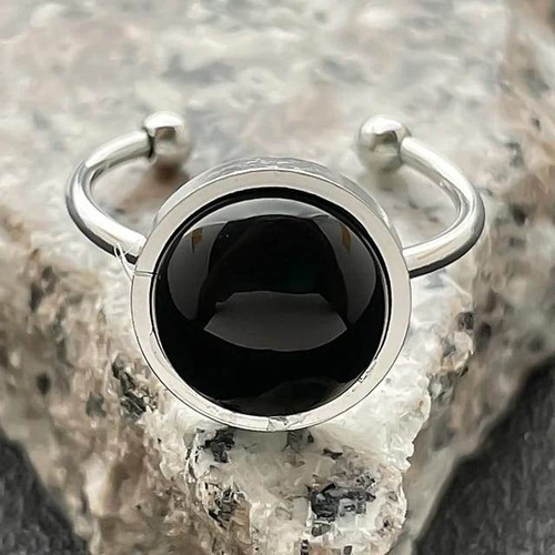 Anillo Con Piedra Negra Ágata Acero Inoxidable