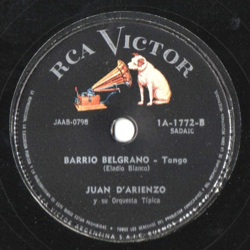 Disco Original Pasta 78 Rpm Juan D' Arienzo Barrio Belgrano